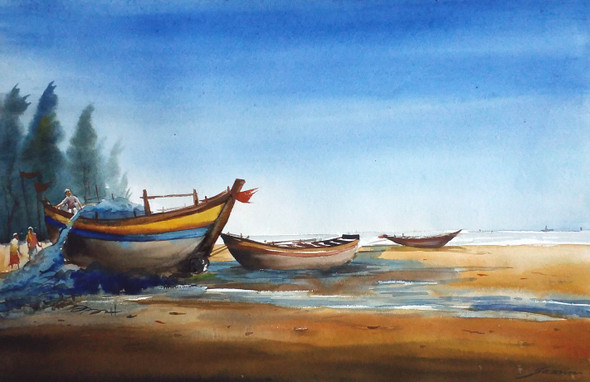 Fishing Boats (ART_1232_15759) - Handpainted Art Painting - 22in X 11in