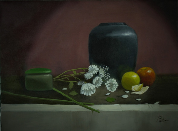 Still Life  with Vase Fruits and Flowers (ART_1442_15794) - Handpainted Art Painting - 24in X 18in