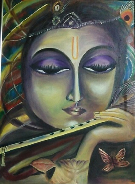 Krishna with flute (ART_1454_11948) - Handpainted Art Painting - 21in X 27in