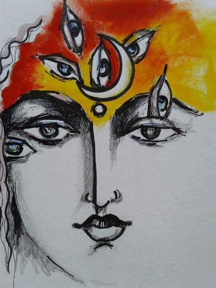 Durga (ART_1667_13845) - Handpainted Art Painting - 10in X 12in