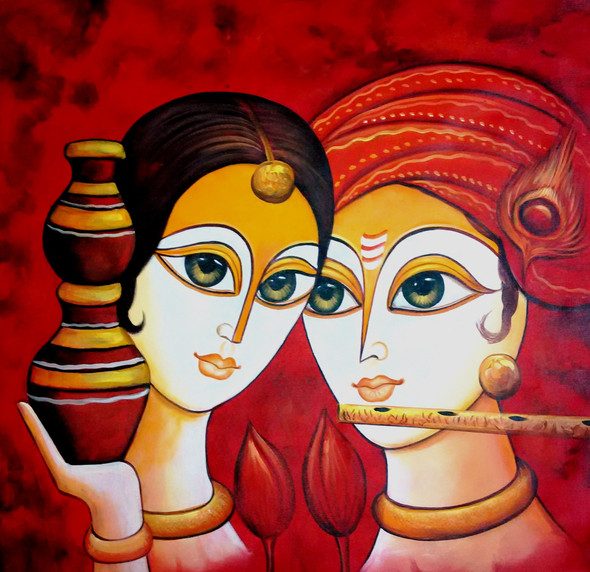 Radha Krishna Matki New (ART_1229_2677) - Handpainted Art Painting - 30in X 30in