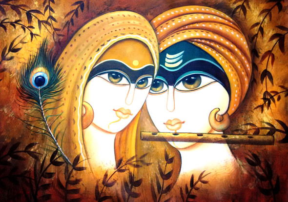 Rajasthani Radha Krishna Romance (ART_1229_2676) - Handpainted Art Painting - 36in X 24in