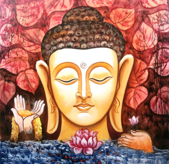 Buddha Red Leaves (ART_1229_1985) - Handpainted Art Painting - 30in X 30in