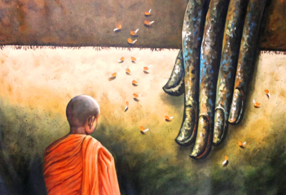 Buddha Monk 2 (ART_1229_1984) - Handpainted Art Painting - 36in X 24in