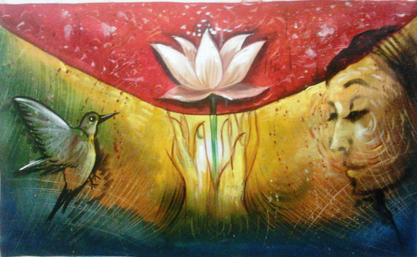 Lotus lady (ART_1229_739) - Handpainted Art Painting - 36in X 24in