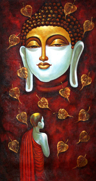 Buddha with monk (ART_1522_15157) - Handpainted Art Painting - 24in X 48in