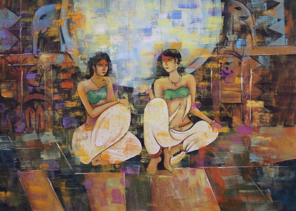 Two women (ART_1522_15134) - Handpainted Art Painting - 36in X 24in