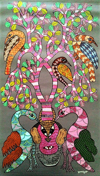Gond Tribal Art Painting (ART_2114_17358) - Handpainted Art Painting - 18in X 36in