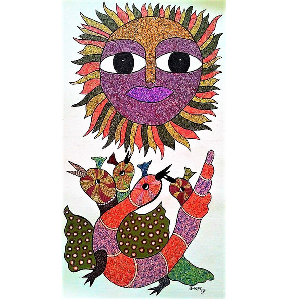 Gond Tribal Art Painting (ART_2114_17345) - Handpainted Art Painting - 18in X 30in