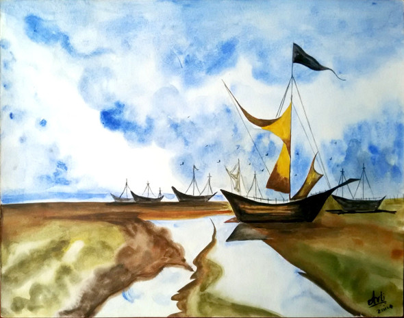 Boats (ART_1403_17620) - Handpainted Art Painting - 14in X 11in