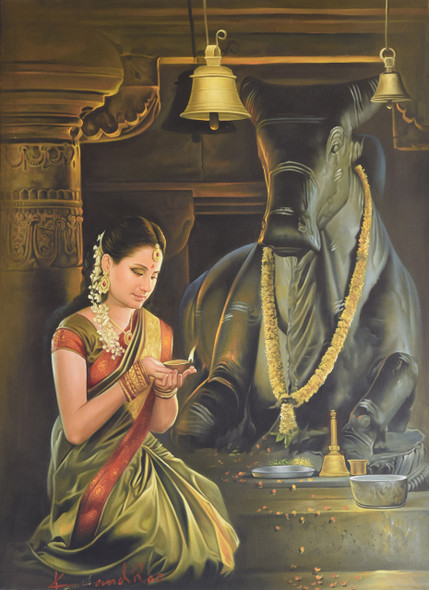 Nandi Puja (ART_640_8914) - Handpainted Art Painting - 36in X 48in