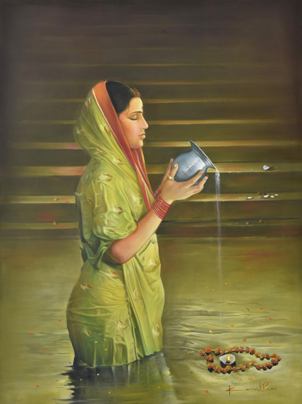 Bhor Puja (ART_640_8909) - Handpainted Art Painting - 36in X 48in