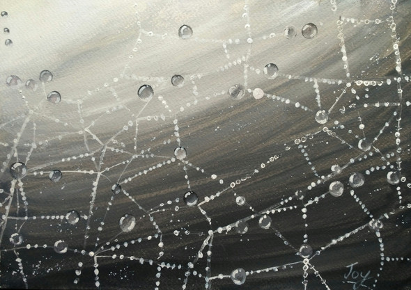 Dew on Spider Web (ART_2144_18394) - Handpainted Art Painting - 12in X 9in