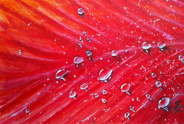 Dew on Red Leaves (ART_2144_18392) - Handpainted Art Painting - 9in X 12in
