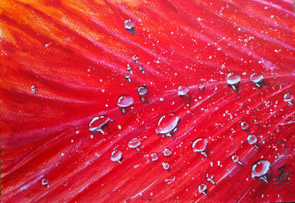 Dew on Red Leaves (ART_2144_18392) - Handpainted Art Painting - 9in X 12in