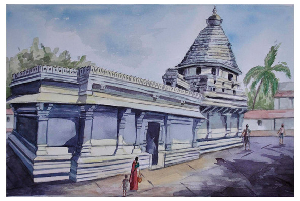 Gokarna Temple Landscape (ART_1489_12145) - Handpainted Art Painting - 20in X 13in