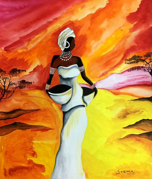 African Tribal Woman-ethnicity (ART_2886_20283) - Handpainted Art Painting - 11 in X 12in