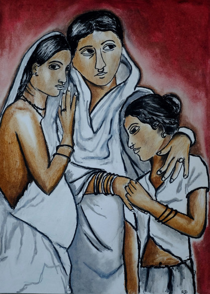 A mother with daughters (ART_3064_20822) - Handpainted Art Painting - 18in X 24in