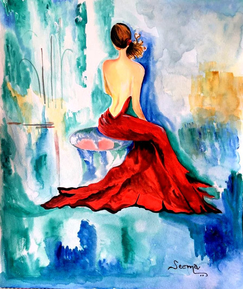 MAAYA-LADY IN RED (ART_2886_20200) - Handpainted Art Painting - 11in X 12in