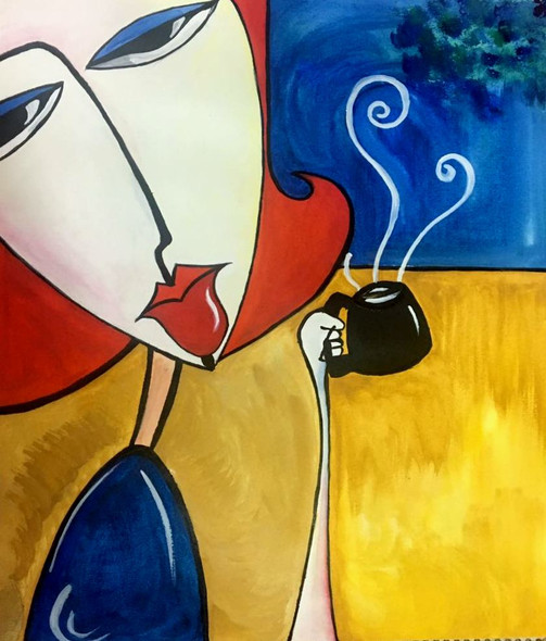 LADY WAITING ON A COFFEE DATE (ART_2886_20199) - Handpainted Art Painting - 11 in X 12in