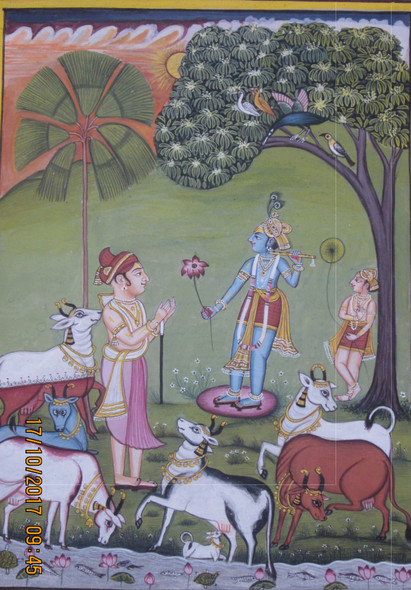 Gop and Krishna (ART_3316_22175) - Handpainted Art Painting - 7in X 11in