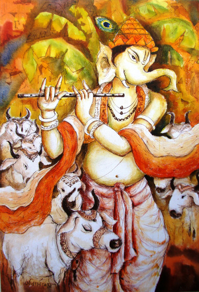 Lord Ganesha 7 (ART_2874_22446) - Handpainted Art Painting - 15in X 22in