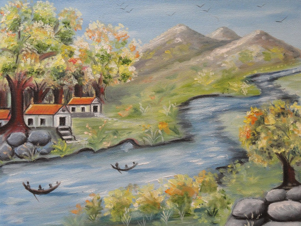 River in Village (ART_325_6263) - Handpainted Art Painting - 12in X 9in