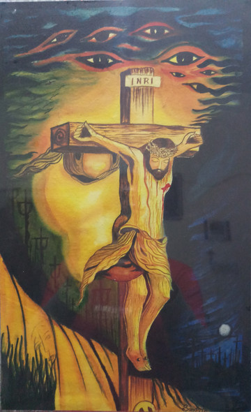 Jesus on Cross with Face (ART_3714_23783) - Handpainted Art Painting - 13in X 20in