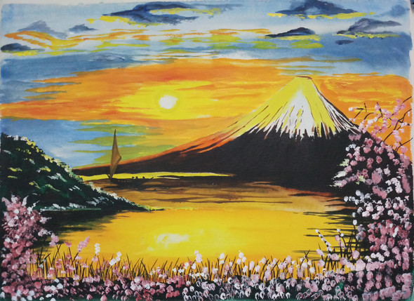 Blue Sky Sunset on Volcano with Flowers (ART_3714_23795) - Handpainted Art Painting - 23in X 30in