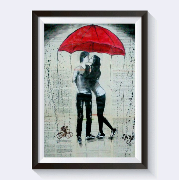 Rainy day love  (ART_3389_24124) - Handpainted Art Painting - 24in X 32in