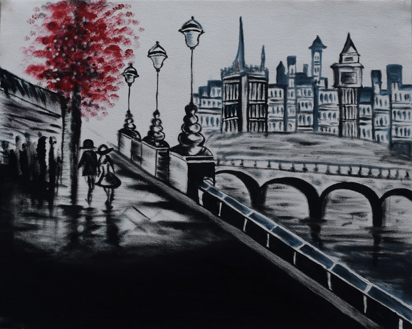 Black and white cityscape  walk of partners (ART_3633_23411) - Handpainted Art Painting - 20in X 16in