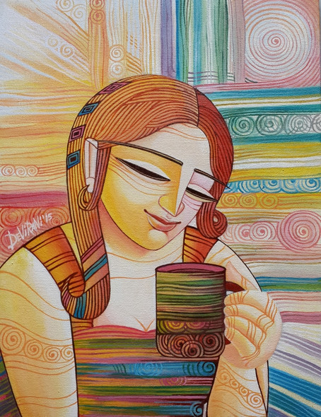 First Cuppa (ART_1476_13507) - Handpainted Art Painting - 12in X 16in