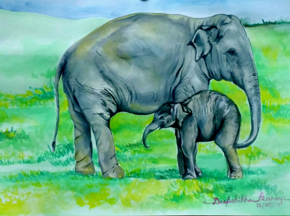 Baby elephant with his mum (ART_4099_25470) - Handpainted Art Painting - 17in X 12in