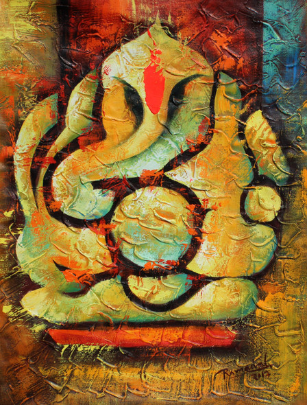 Mesmerized Ganesha 04 (ART_1522_25722) - Handpainted Art Painting - 16 in X 21in
