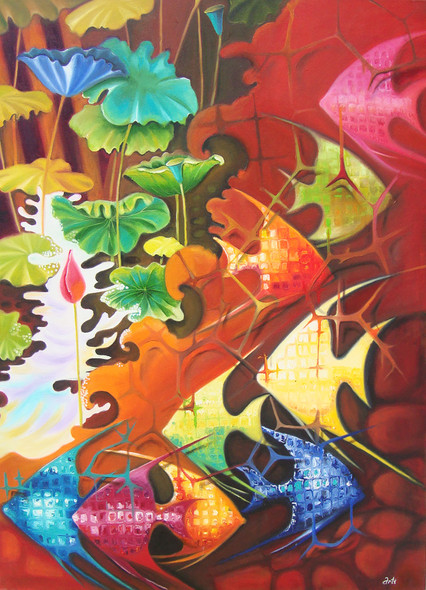 RIVERS DYING-III (ART_1968_26649) - Handpainted Art Painting - 36 in X 48in