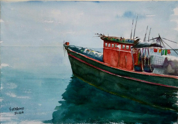 Fisherman Boat (ART_4505_27425) - Handpainted Art Painting - 20in X 14in