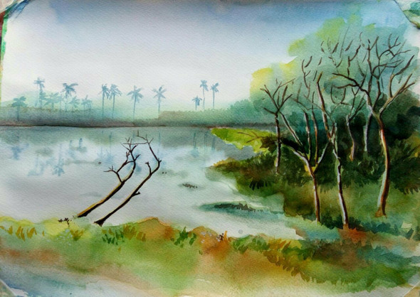 Aral Pond side (ART_4505_27378) - Handpainted Art Painting - 13in X 9in