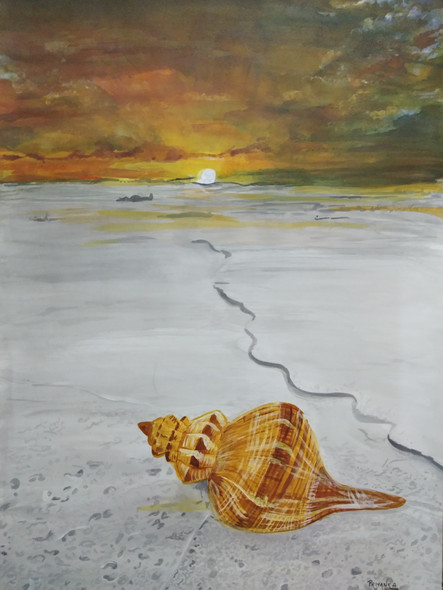 The lonely shell (ART_4493_27344) - Handpainted Art Painting - 18in X 12in