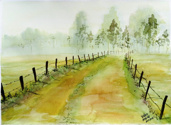 A Misty mornring View (ART_4505_27304) - Handpainted Art Painting - 15in X 11in