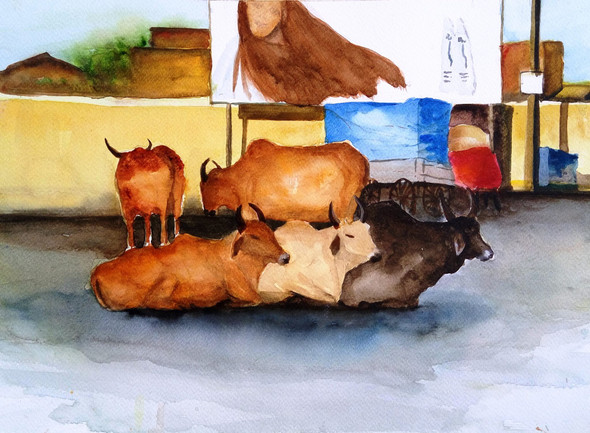 Bulls on road (ART_4505_27376) - Handpainted Art Painting - 15in X 11in