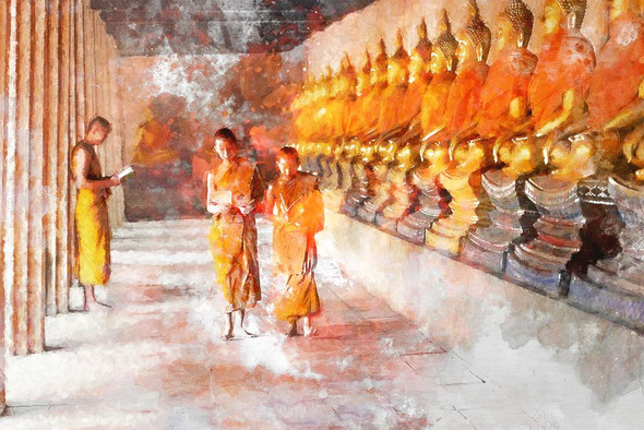 Monk In Temple (PRT_370) - Canvas Art Print - 32in X 21in