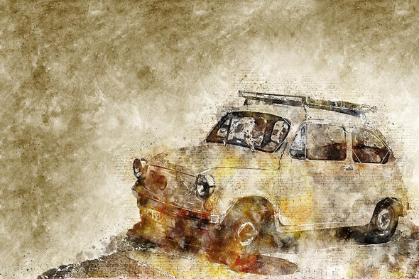 Retro Car On Mountain (PRT_477) - Canvas Art Print - 32in X 21in