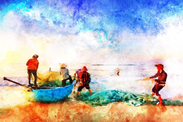 Group Of Fishermen (PRT_483) - Canvas Art Print - 32in X 21in