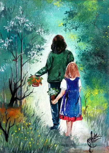 Mother & Daughter (ART_2979_20637) - Handpainted Art Painting - 12in X 16in