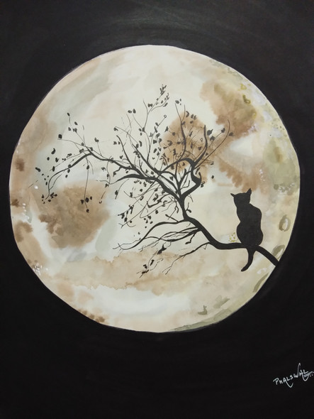 Cat in the night (ART_4493_27355) - Handpainted Art Painting - 9in X 11in