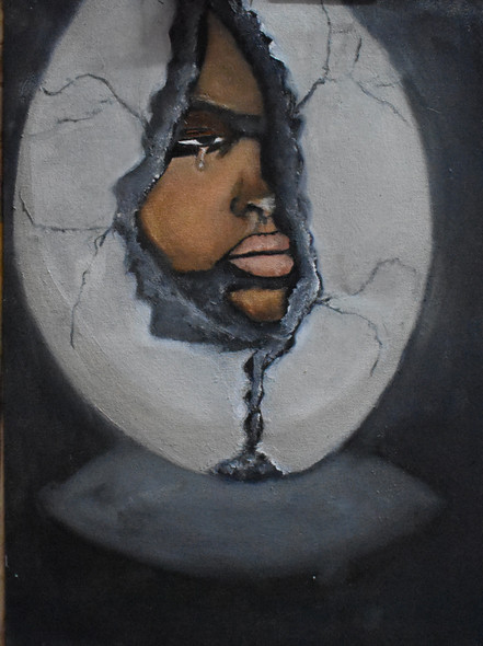 Breaking the white egg  (ART_4292_28384) - Handpainted Art Painting - 14in X 18in