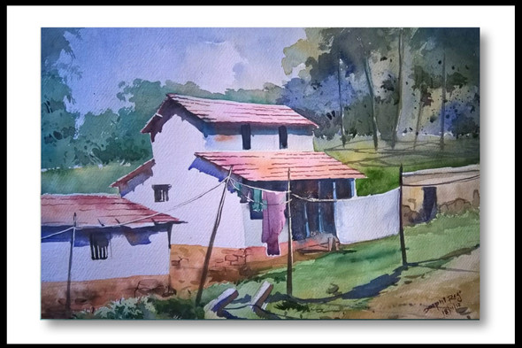 Village Life  (ART_4792_28520) - Handpainted Art Painting - 20in X 15in