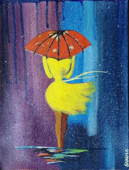 Girl in Rain (ART_3869_28578) - Handpainted Art Painting - 9in X 12in