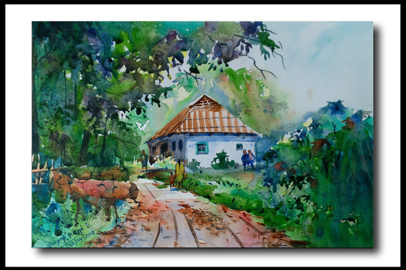 Village Life  (ART_4792_28524) - Handpainted Art Painting - 15in X 12in