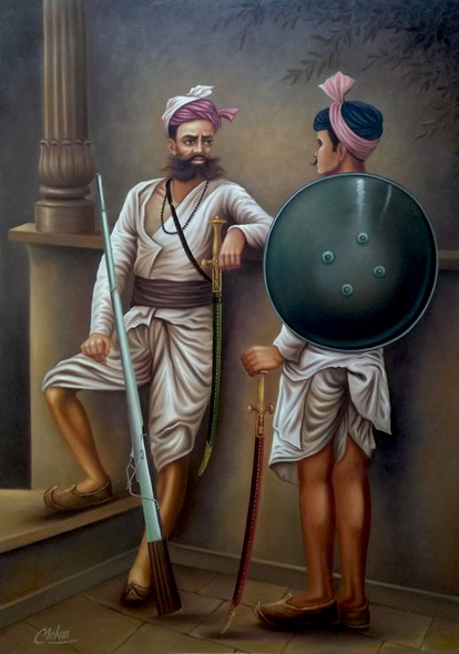 Rajasthani Rajpoot Sainik (ART_1090_28624) - Handpainted Art Painting - 30in X 42in